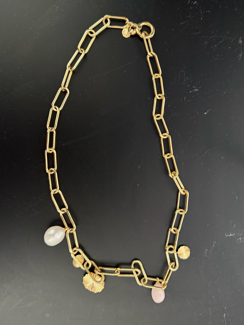 Gold Chain Necklace with Pearl and Pink Stone Charms